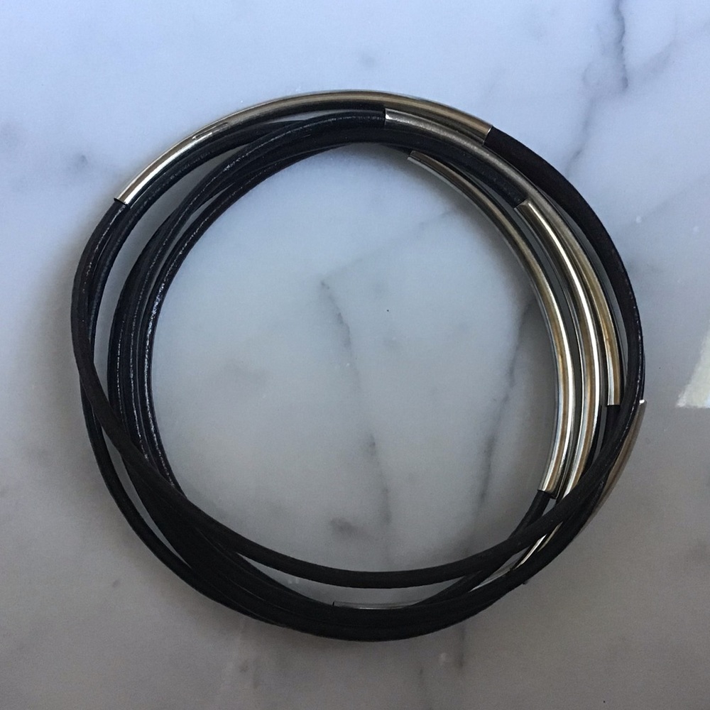 Black leather bracelet set with silver band